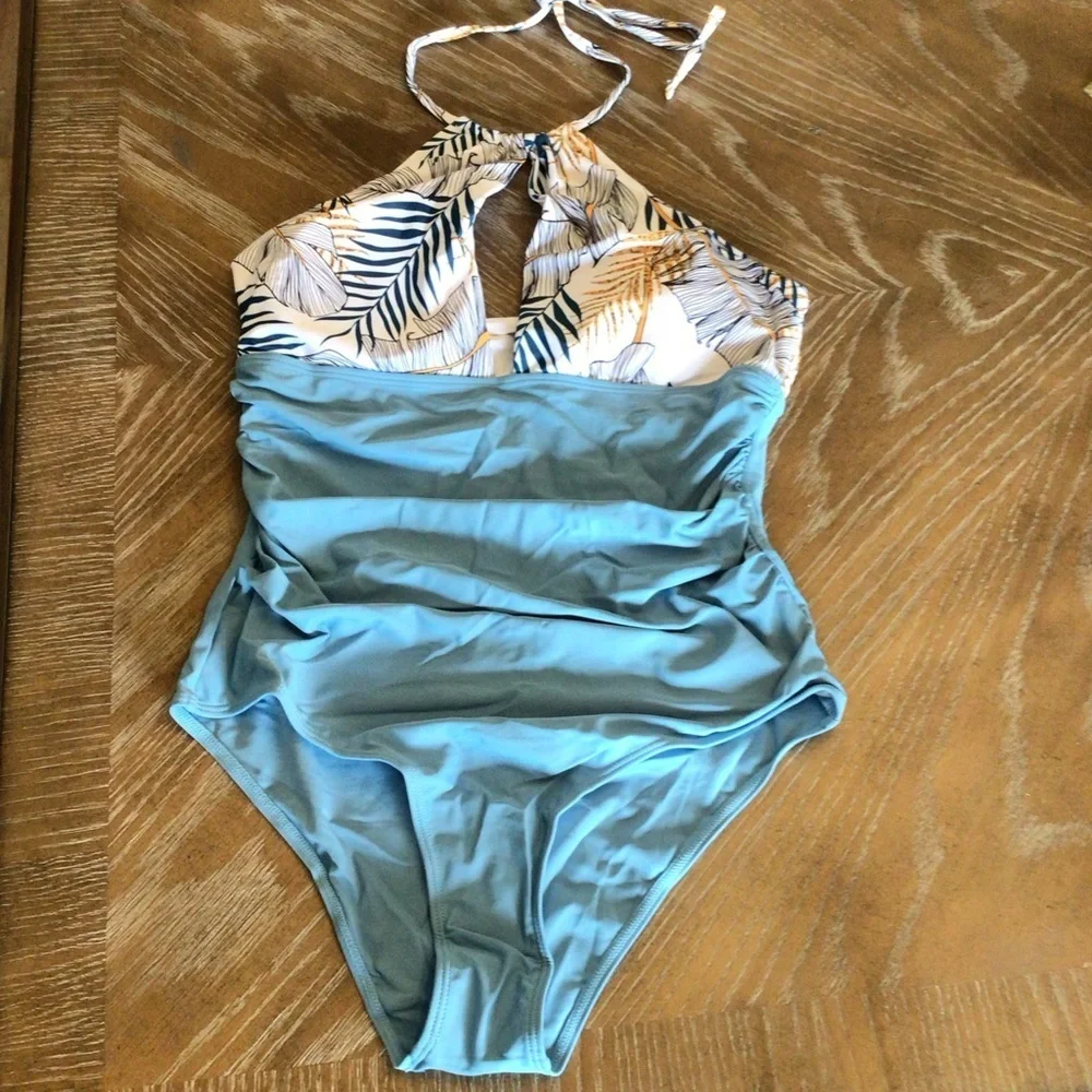 Womens Fashion Blue Leaf Print High Cut Halter One Piece Swimsuit XL
